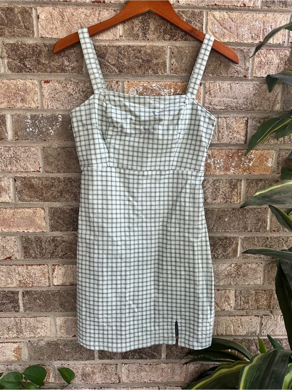 Y2K Hollister Light Green Checked Square-Neck Mini Fitted Dress adjustable strap